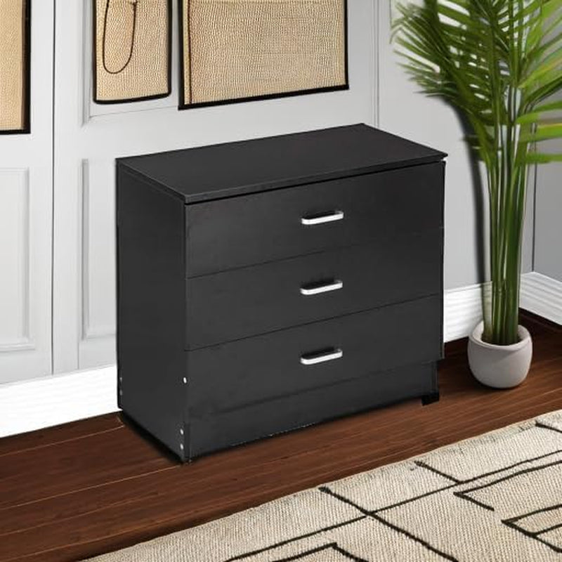 Three Drawer Dresser Black Wood Nightstand For Bedroom Living Room Modern Storage Chest Of Drawers