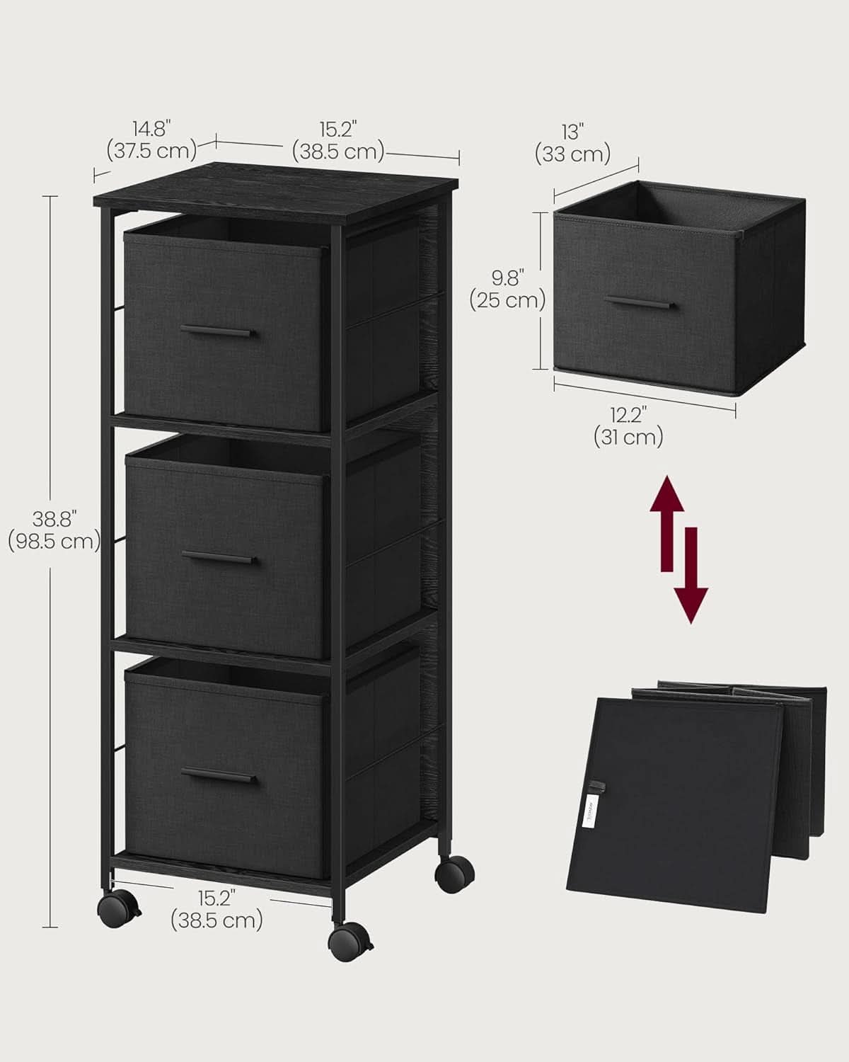 Three Drawer File Cabinet with Printer Stand in Ebony Black