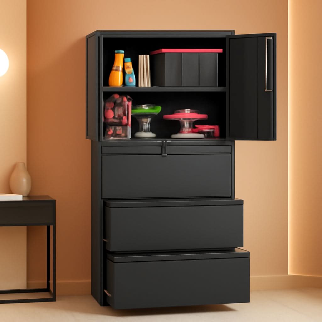 Three Drawer Lateral File Cabinet With Lockable Drawer And Door For Home Office Steel