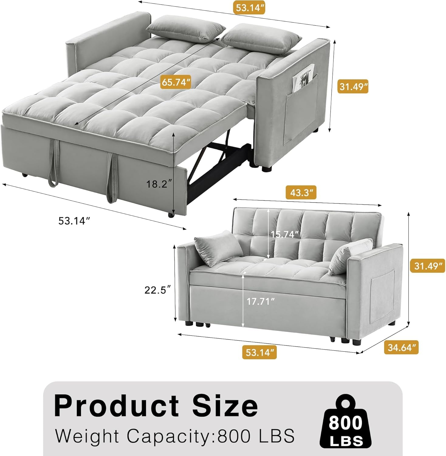 Three In One Convertible Velvet Sleeper Sofa Bed