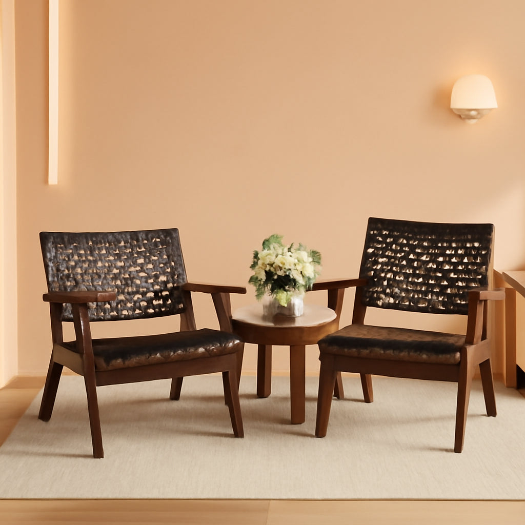 Three Piece Outdoor Wooden Patio Rattan Furniture Set With Natural Wood Finish And Weather Resistant Frame