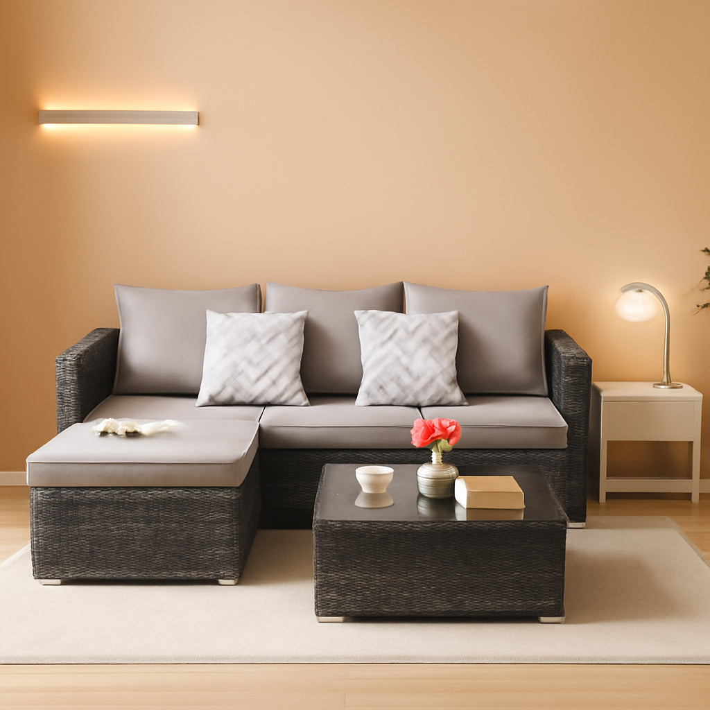 Three Piece Patio Furniture Set Light Gray All Weather Wicker With Cushions And Glass Table