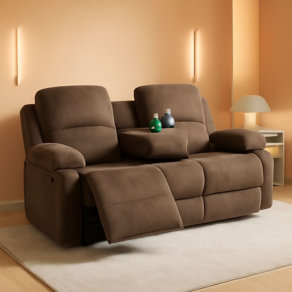 Three Seater Corduroy Reclining Sofa With Cup Holders And Drop Down Table For Living Room In Chocolate