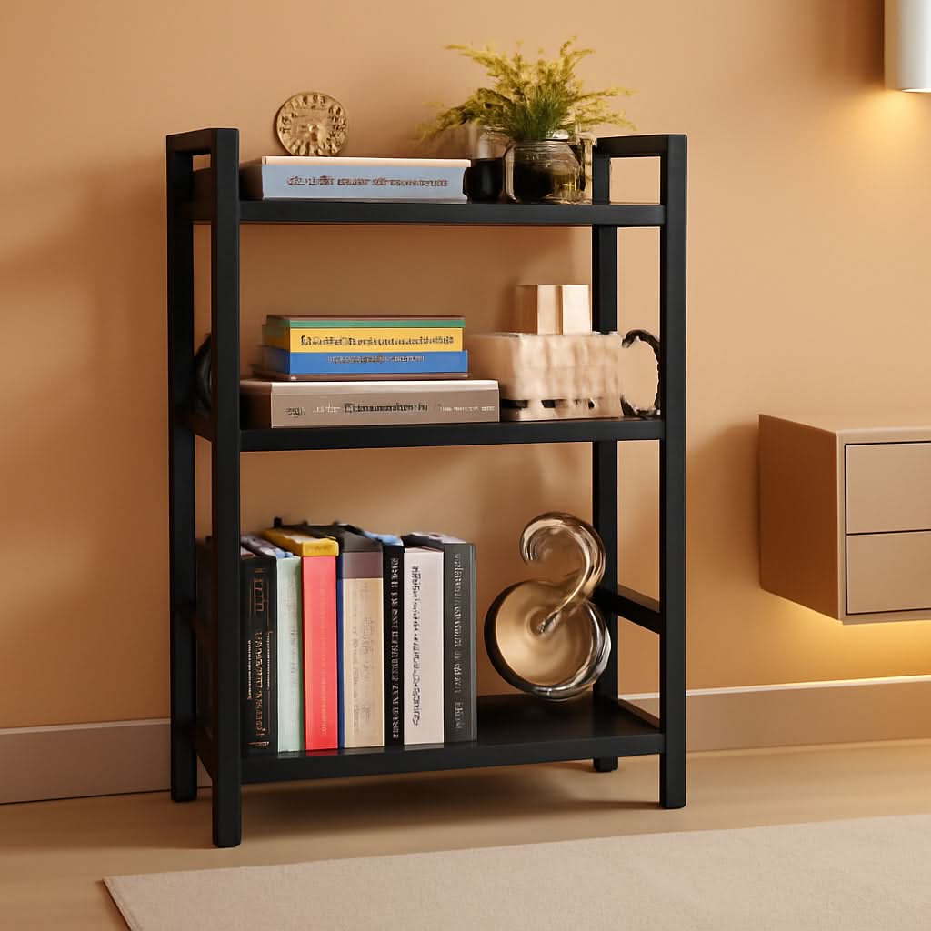 Three Tier Narrow Bookshelf Industrial Wood And Metal Black