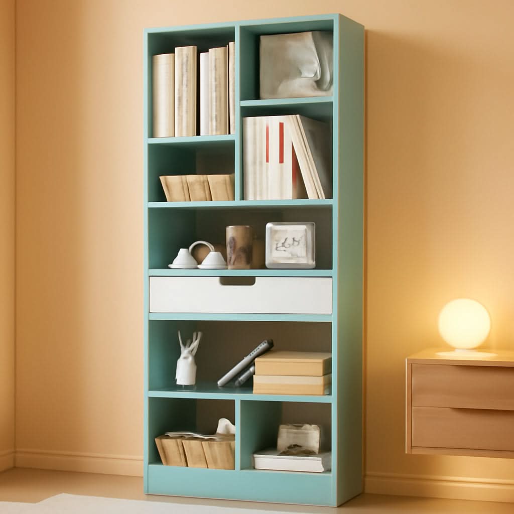 Tiffany Green Ten Cube Wooden Freestanding Bookshelf With Drawer 71 Inch Tall Open Shelf Unit