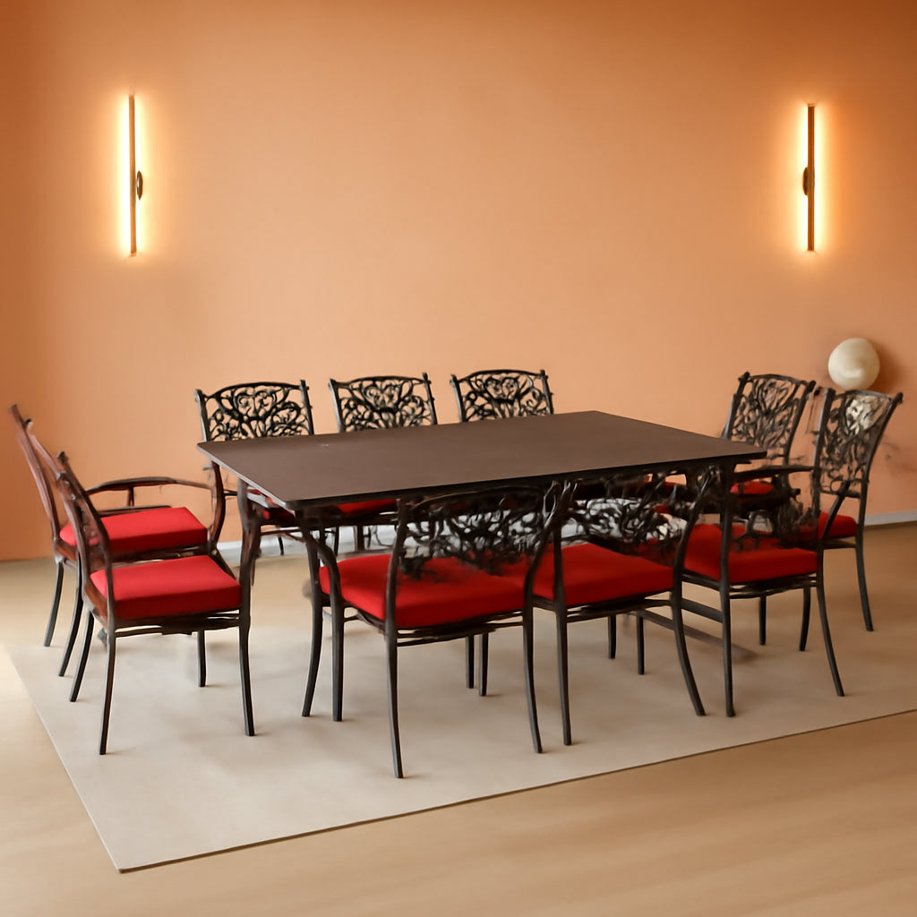 Traditions 11 Piece Outdoor Patio Dining Set With Red Cushions And Large Table