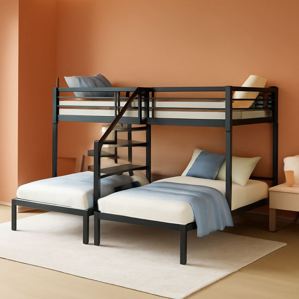 Triple Bunk Bed with Storage Stairs Black Metal Twin Over Twin