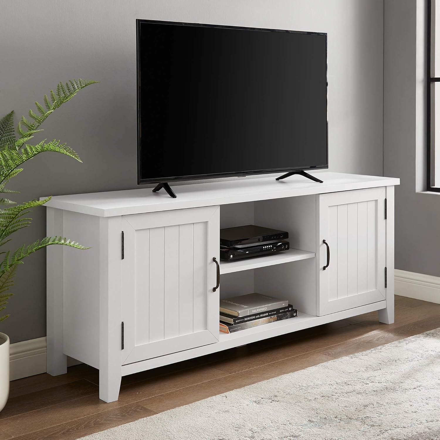 Tv Stand 58In Grooved Doors Sleek Open Design For 65In TVs