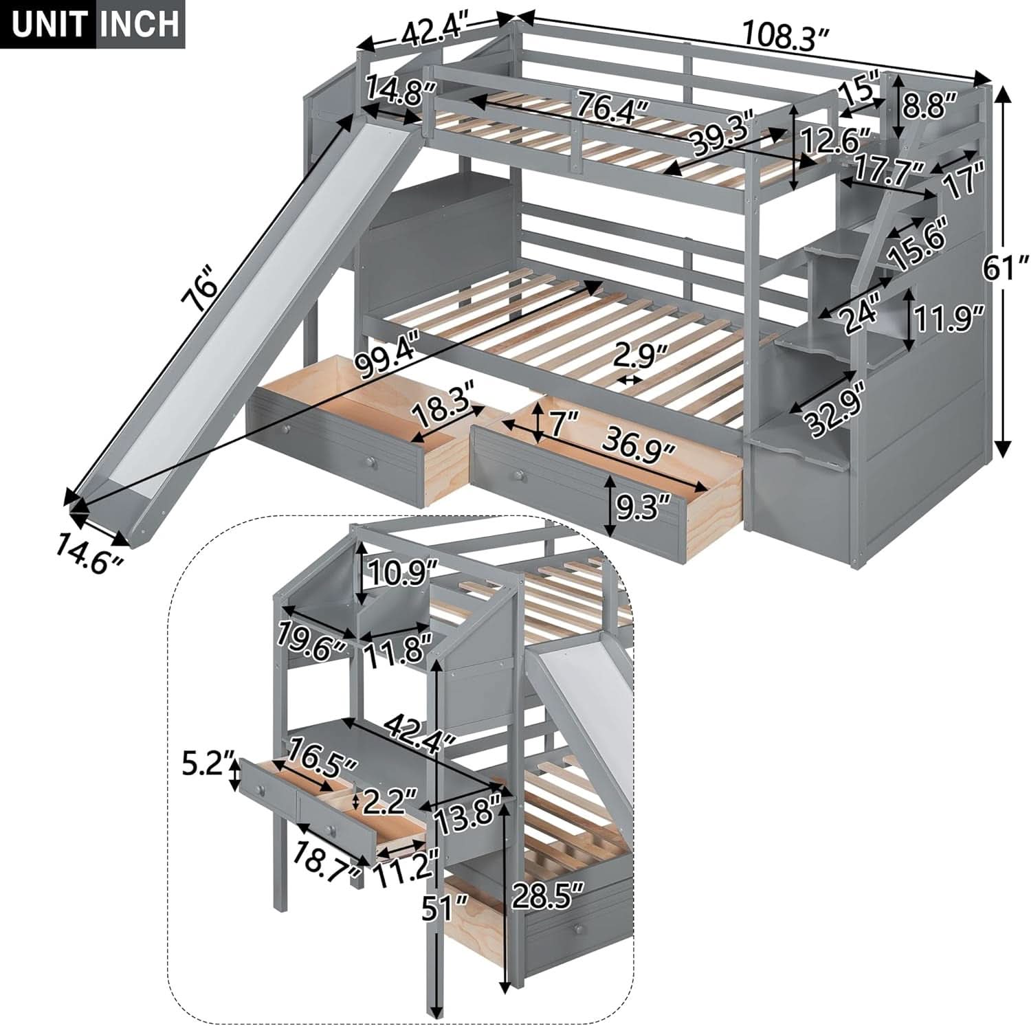 Twin Over Twin Bunk Bed With 4 Drawers Gray For Kids Rooms