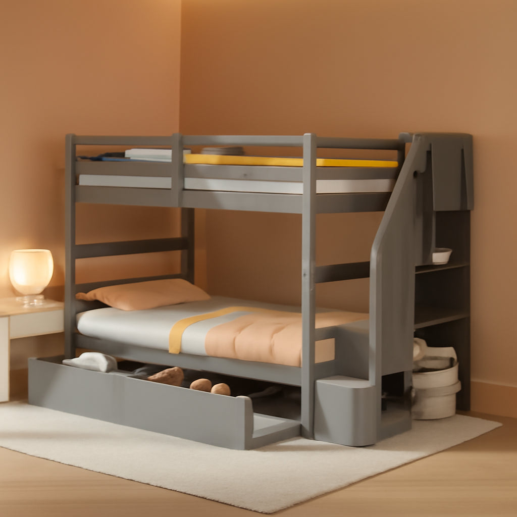 Twin Over Twin Bunk Bed With Storage Stairs Solid Wood Grey