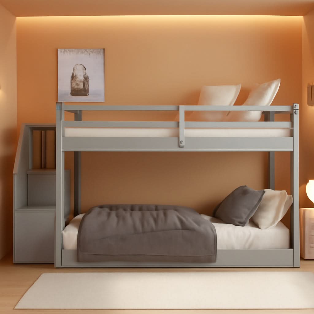 Twin Over Twin Low Bunk Bed With Storage Stairs Grey Wood