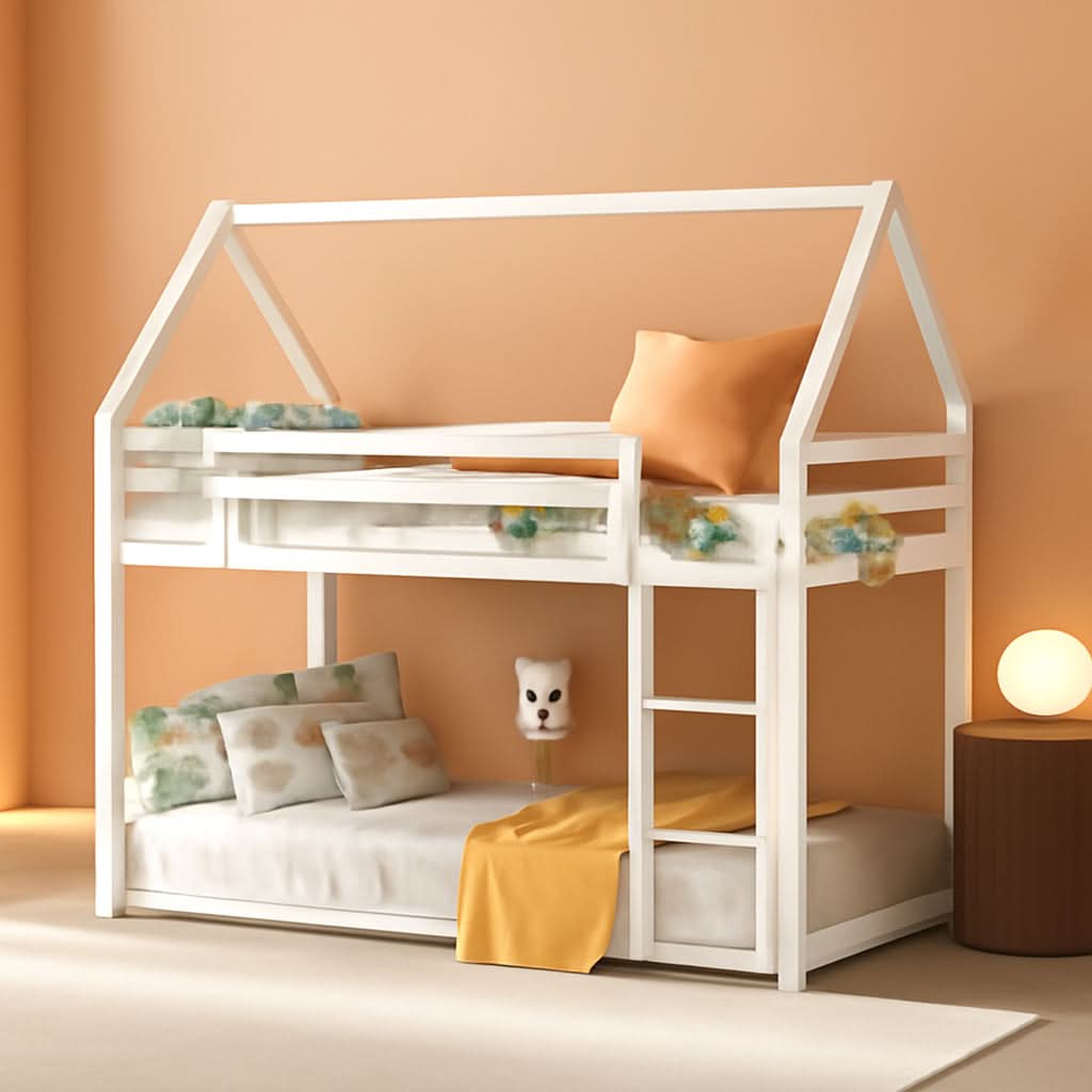 Twin Over Twin Metal Bunk Bed Ladder House Shaped Frame