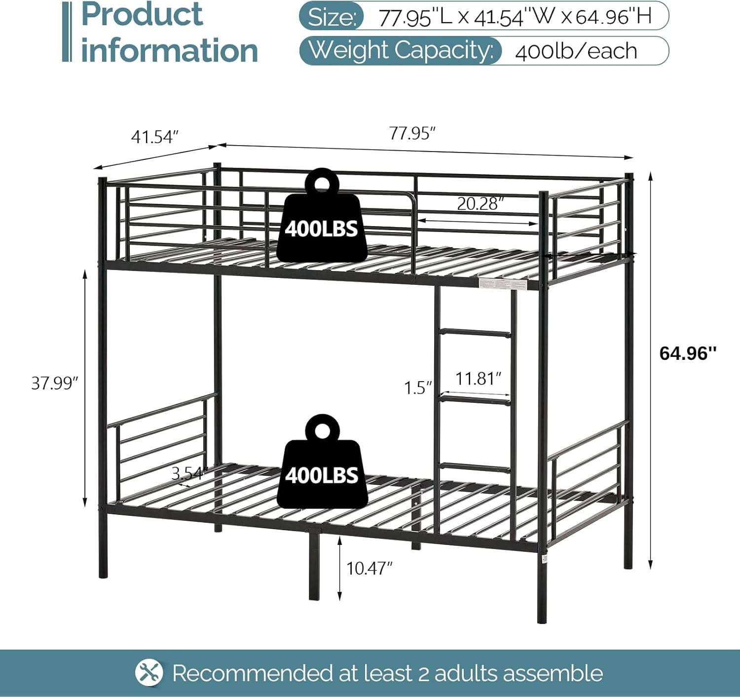 Twin Over Twin Metal Bunk Bed With Flat Ladder Black
