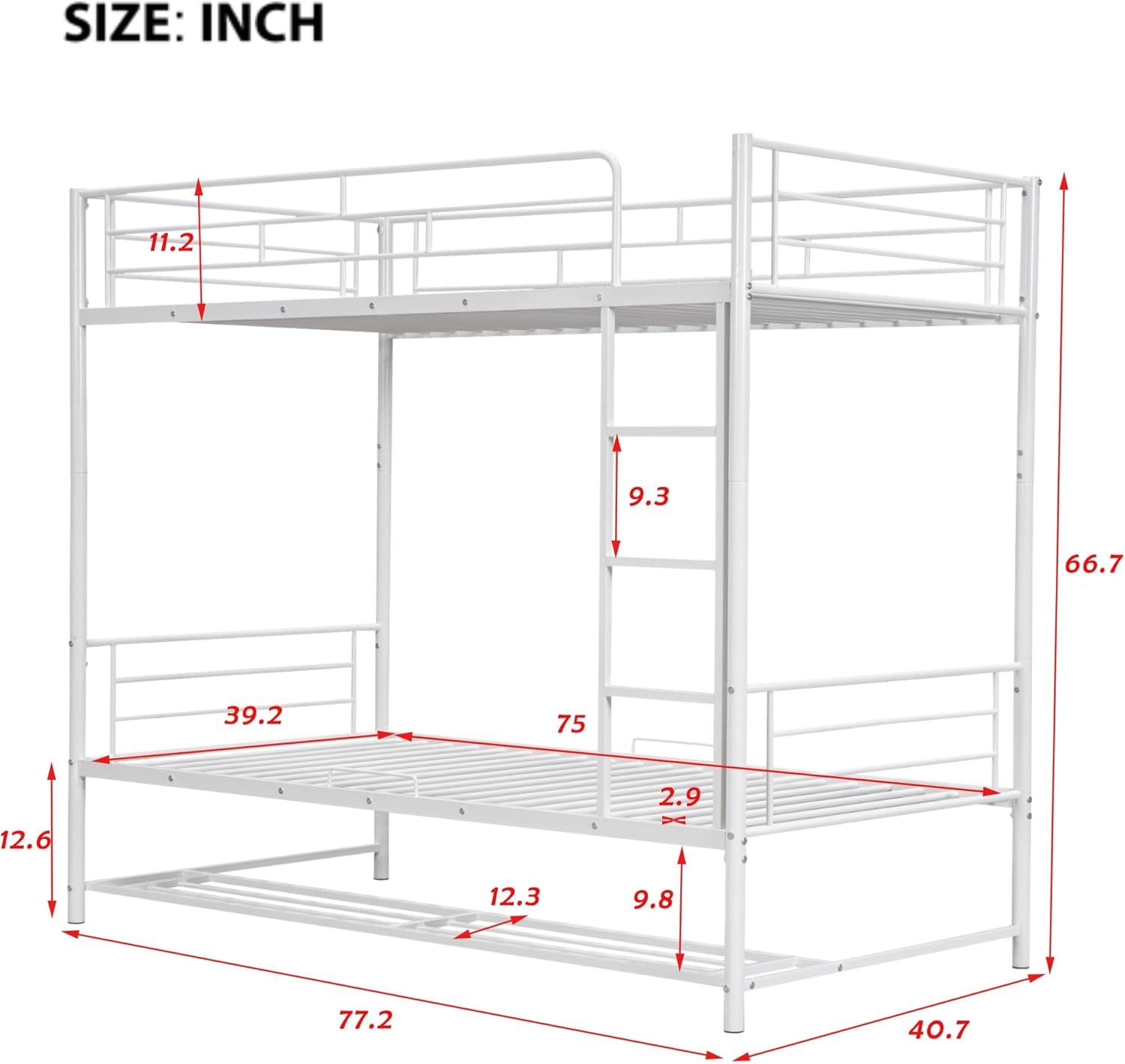 Twin Over Twin Metal Bunk Bed With Shelf and Rails White