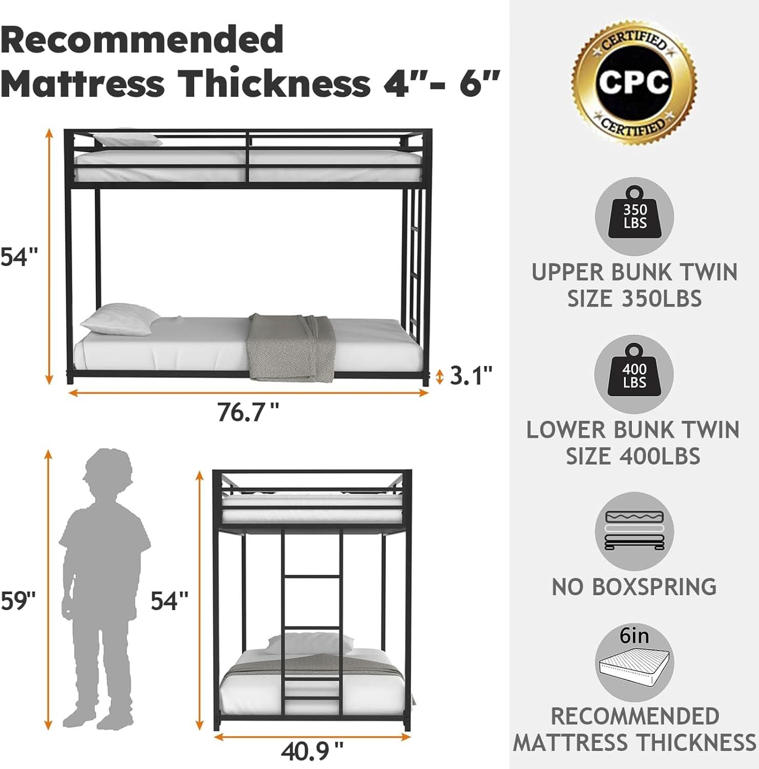 Twin Over Twin Metal Low Profile Bunk Bed With Guardrails And Ladder Black