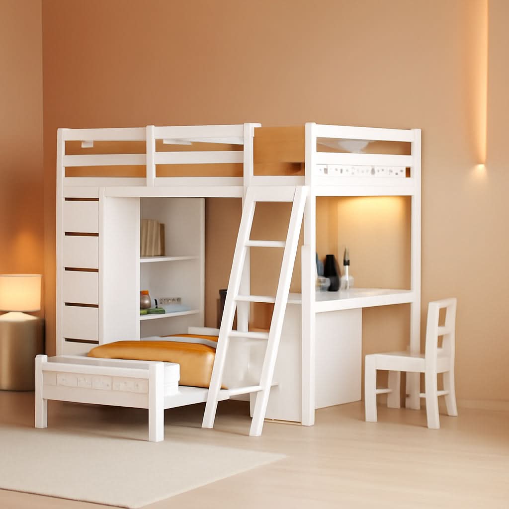 Twin Wood Bunk Bed With LED Light For Dorm Space Saving