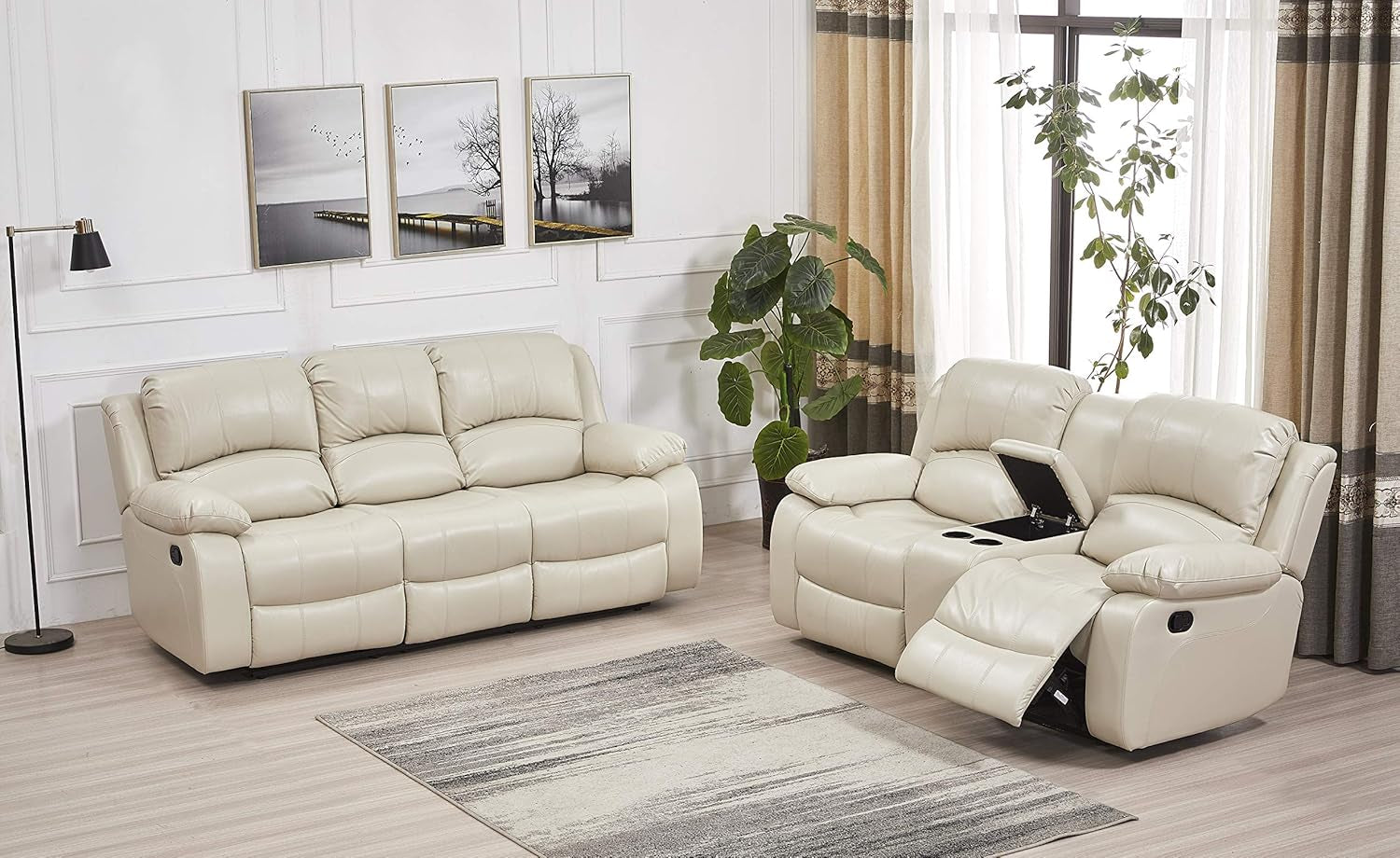 Two Piece Bonded Leather Recliner Sofa And Loveseat Set In Beige For Living Room Convenience And Comfort