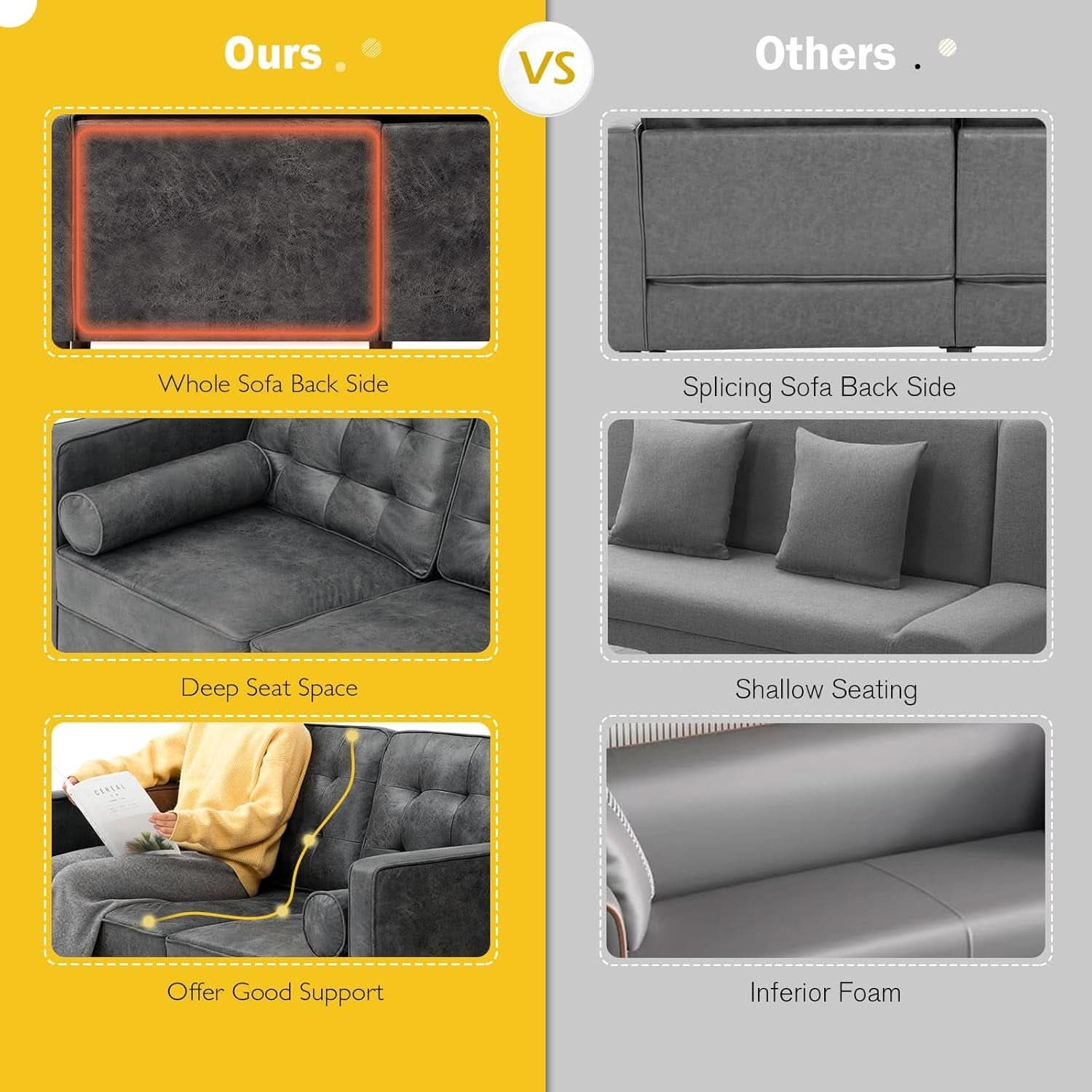 Two Piece Faux Leather Sofa Set With Tufted 3 Seat Sofa And Loveseat In Grey Bolster Pillows Included
