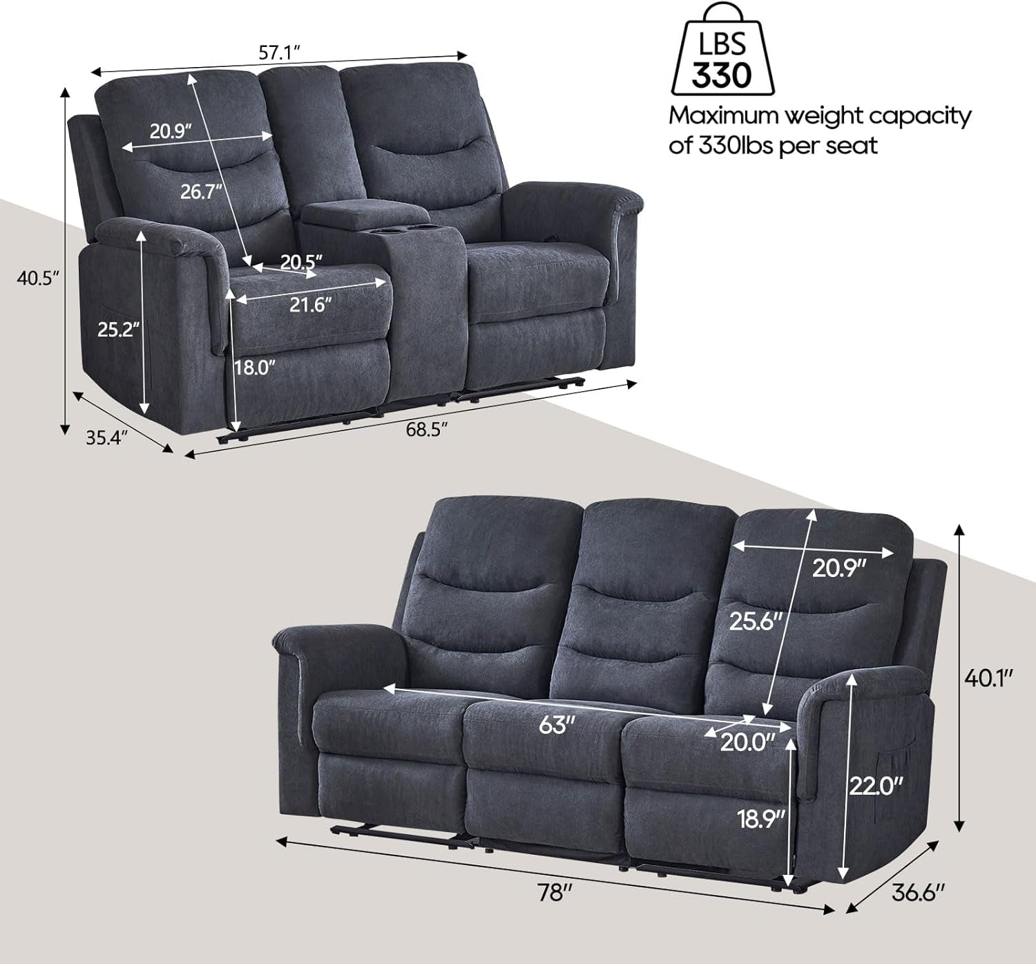 Two Piece Recliner Sofa Set With Console And Cup Holders