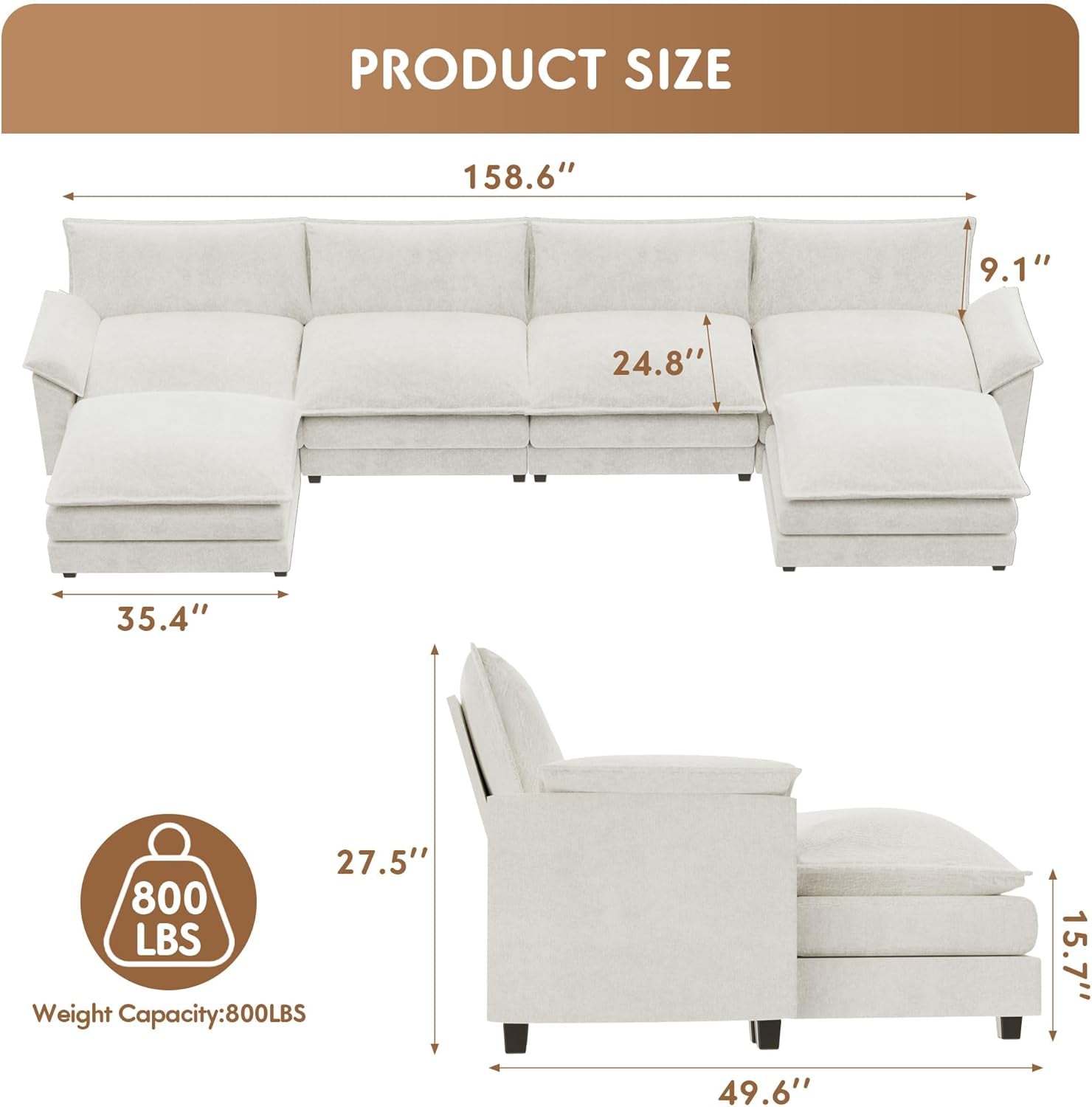 U Shaped Chenille Sectional Sofa Removable Ottoman White