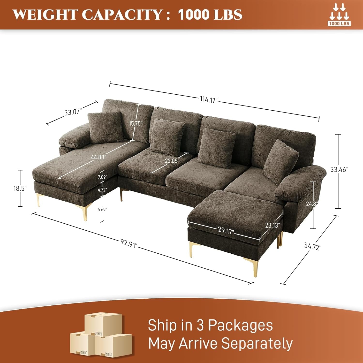 U-Shaped Sectional Sofa Couch 4-Seat Chenille Brown