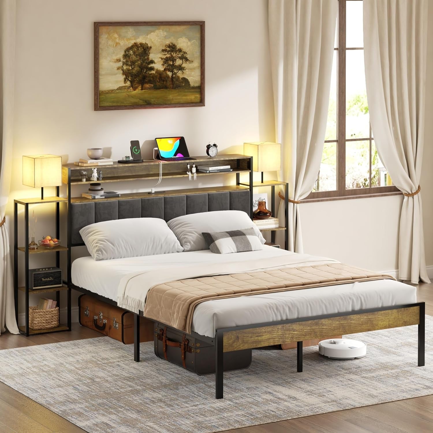 Upholstered Queen Bed Frame With Storage And Charging