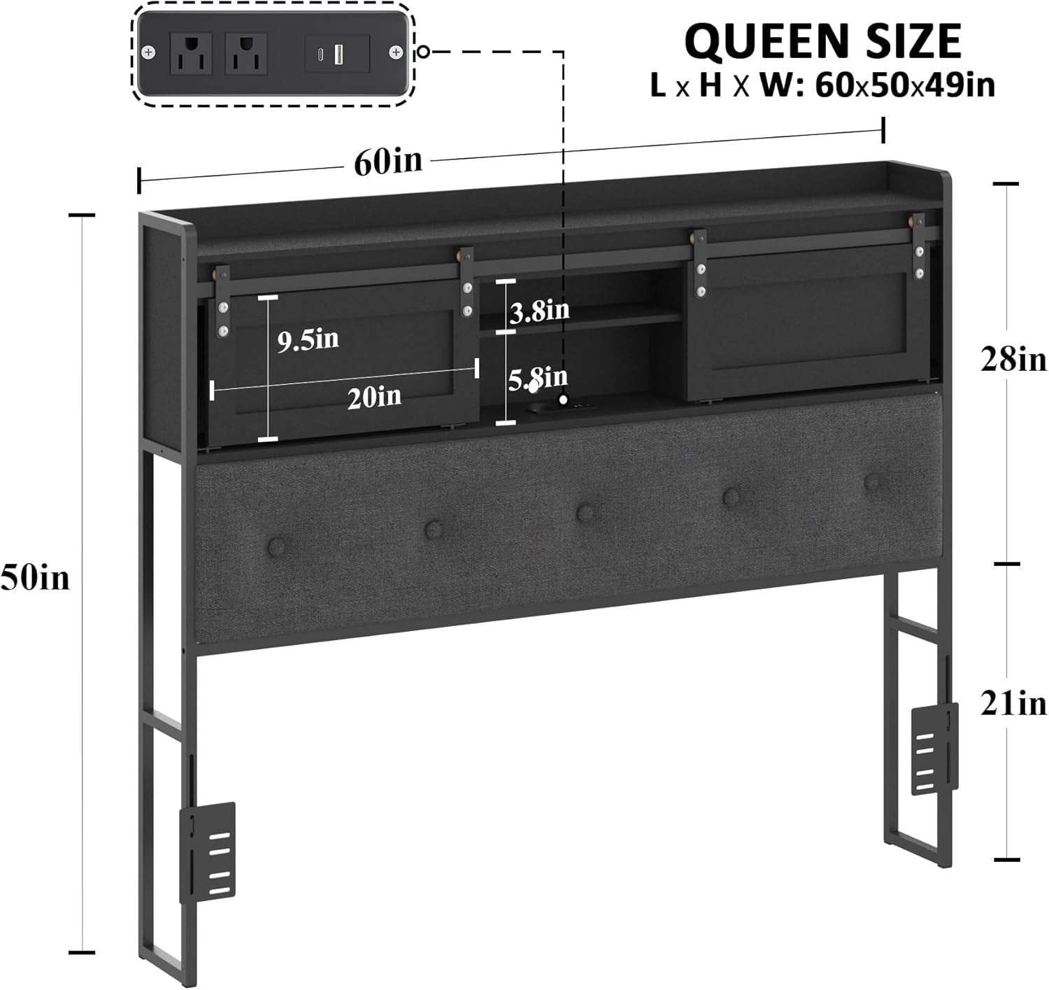 Upholstered Queen Size Headboard with Storage and LED