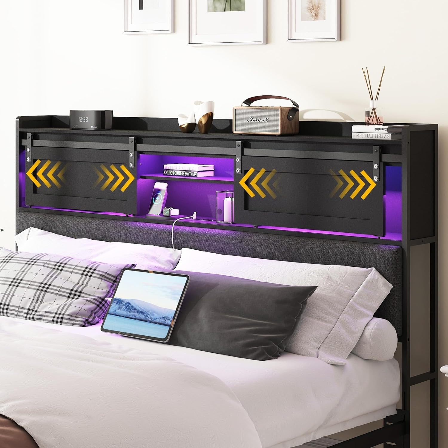 Upholstered Queen Size Headboard with Storage and LED