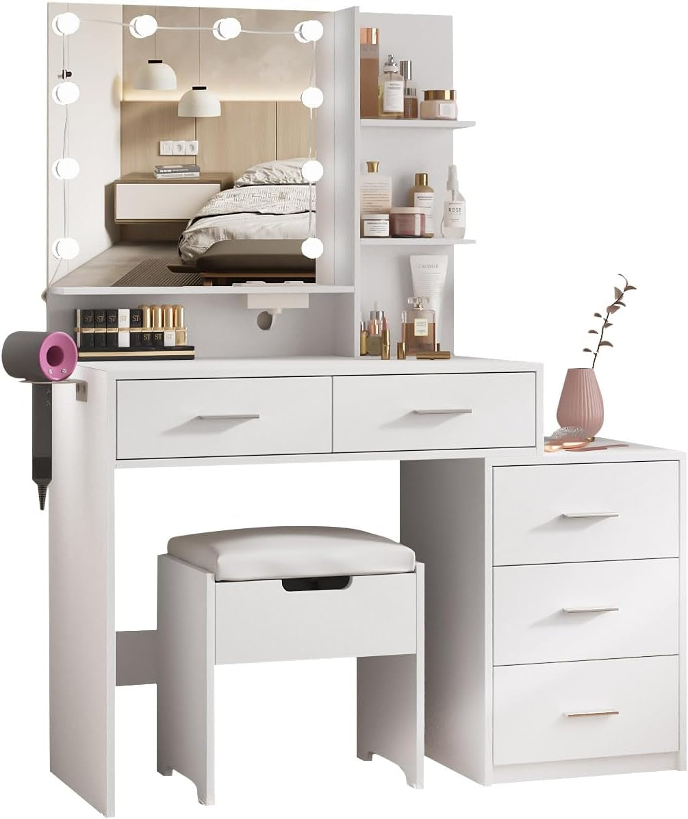 Vanity Desk With Mirror And LED Bulbs White Finish
