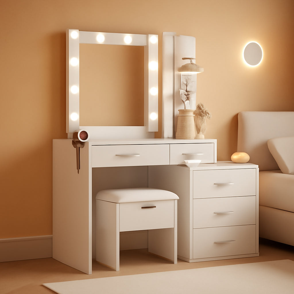 Vanity Desk With Mirror And LED Bulbs White Finish