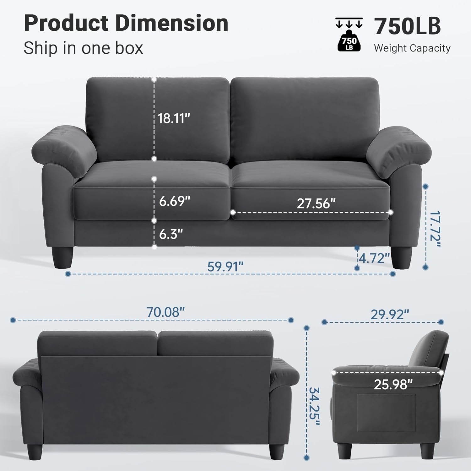 Velvet Deep Couch for Small Spaces with Storage