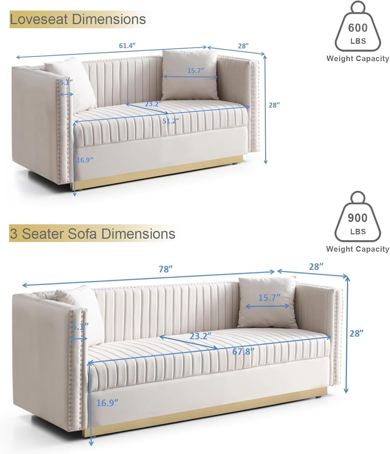 Velvet L Shaped Sofa Set With Nailhead Trim And Gold Legs