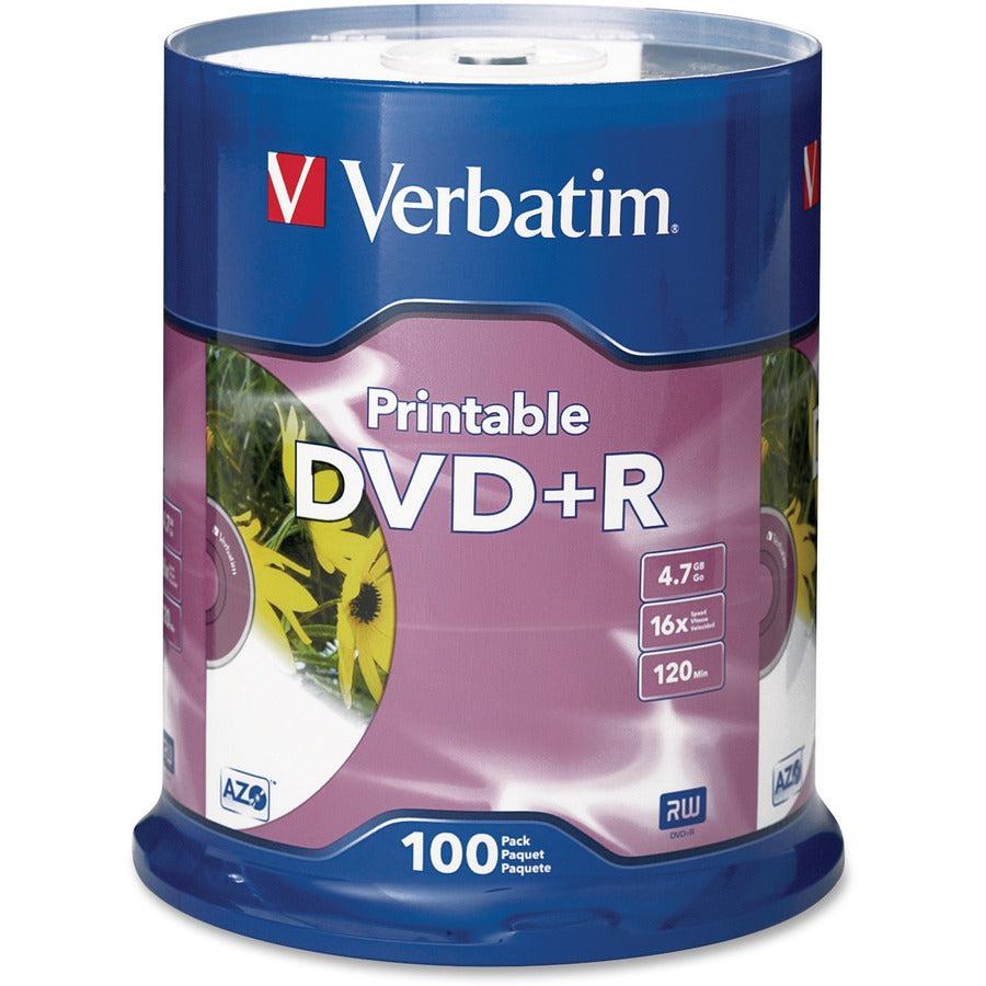 Verbatim Dvd+R 4.7Gb 16X White Inkjet Printable - 100Pk Spindle