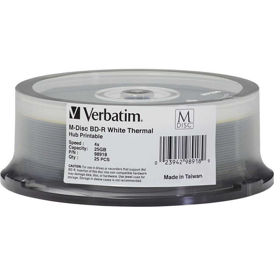 Verbatim M-Disc BD-R 25GB 4X White Thermal Printable, Hub Printable - 25pk Spindle