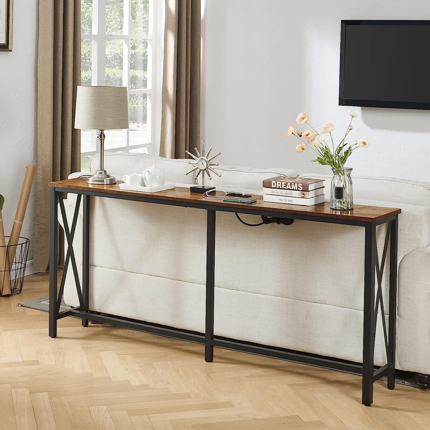 Vintage Brown Console Table With Power Outlets And USB Ports
