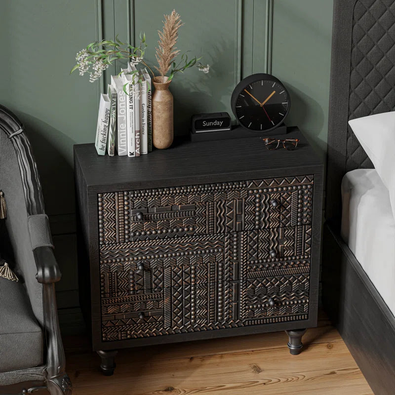 Vintage Farmhouse 3 Drawer Dresser With Carved Boho Pattern