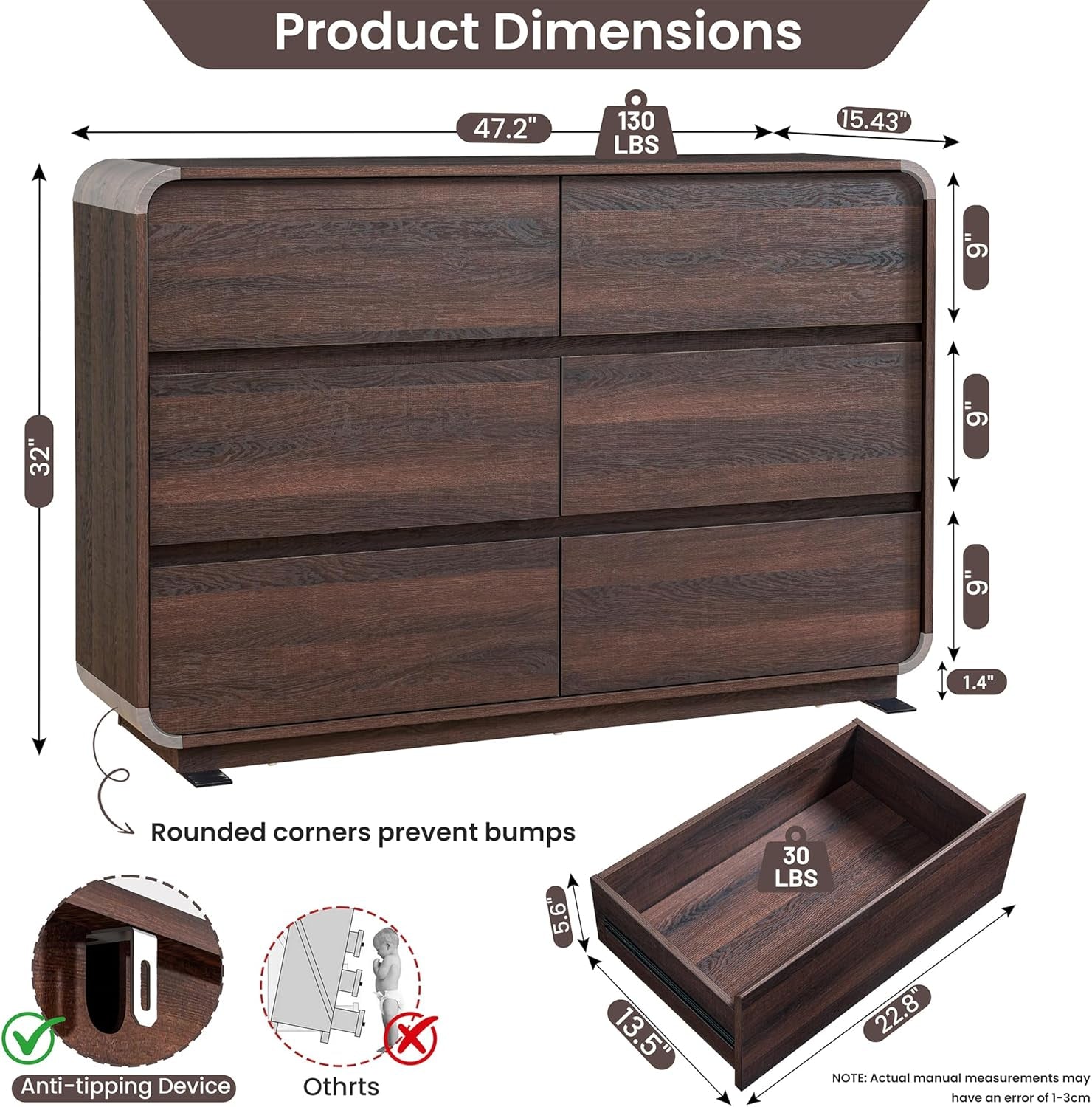 Walnut 6 Drawer Dresser Curved 47 Inch Bedroom Storage