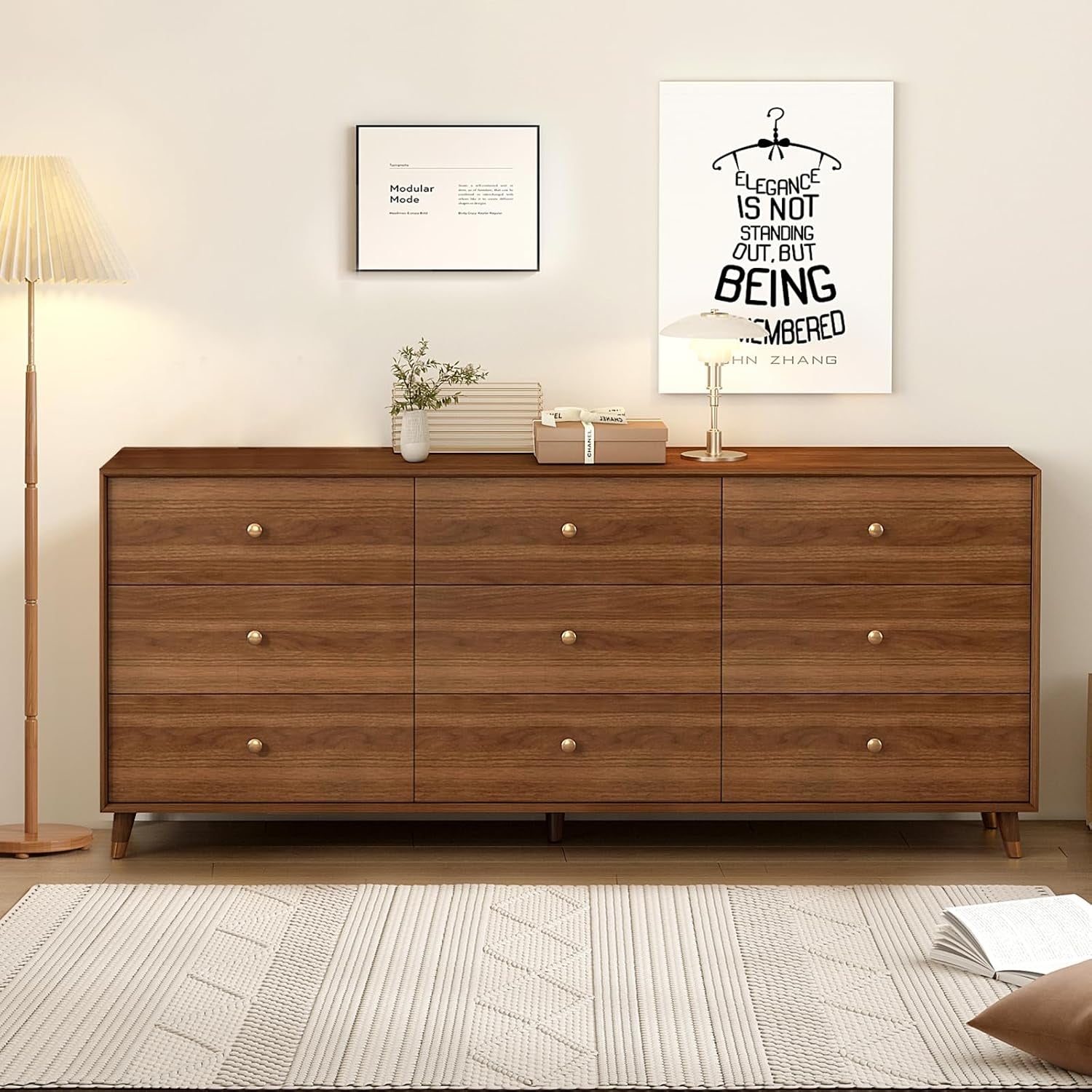 Walnut 63 Inch Wide Beveled Solid Hardwood Dresser 6 Drawer