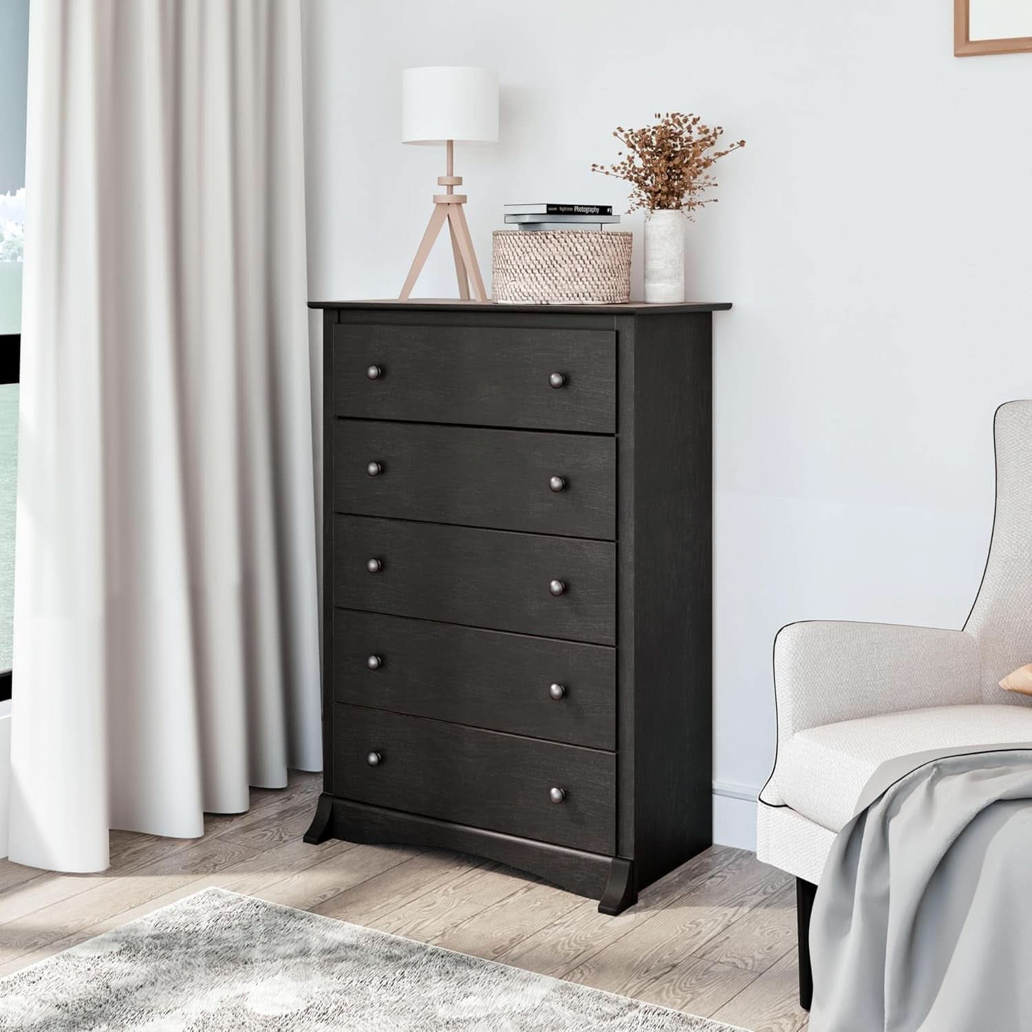 Washed Black Traditional 5 Drawer Tall Dresser For Bedroom