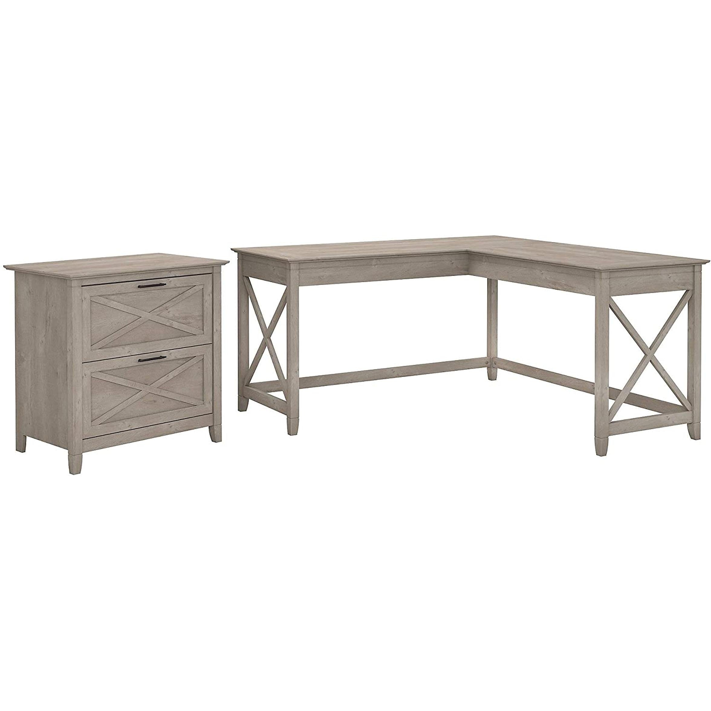 Washed Gray L-Shaped Desk With File Cabinet, 60 Inch Wide