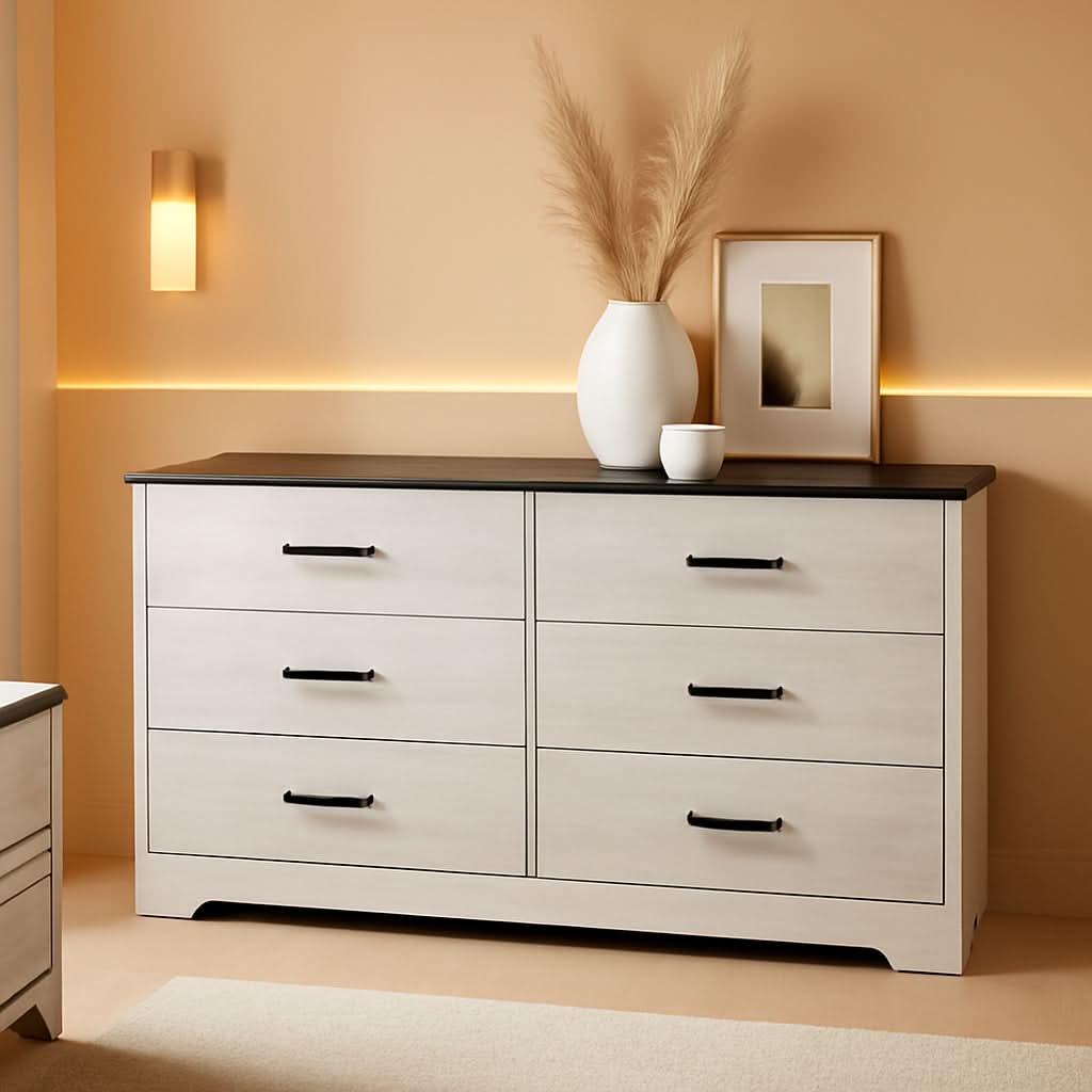 Washed White Farmhouse Dresser 6 Drawer Chest 53 Inch Wide