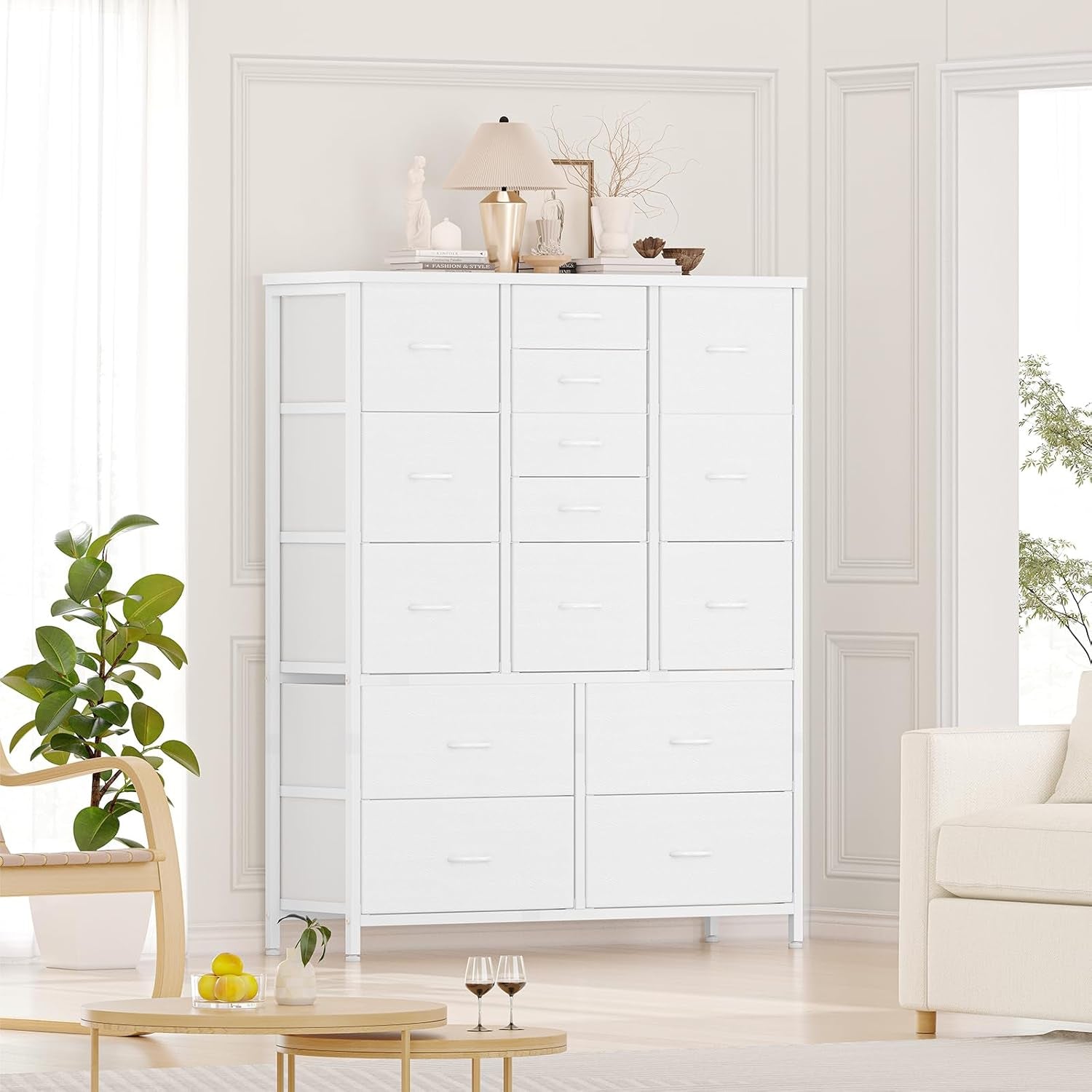 White 15 Drawer Bedroom Dresser With Wood Tabletop