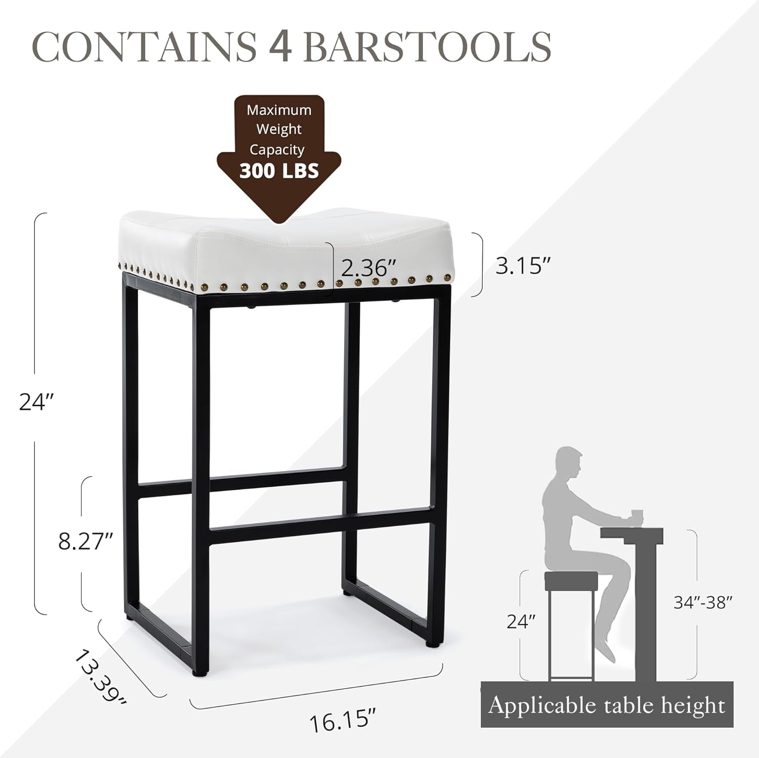 White 24 Inch Saddle Bar Stools Backless Faux Leather