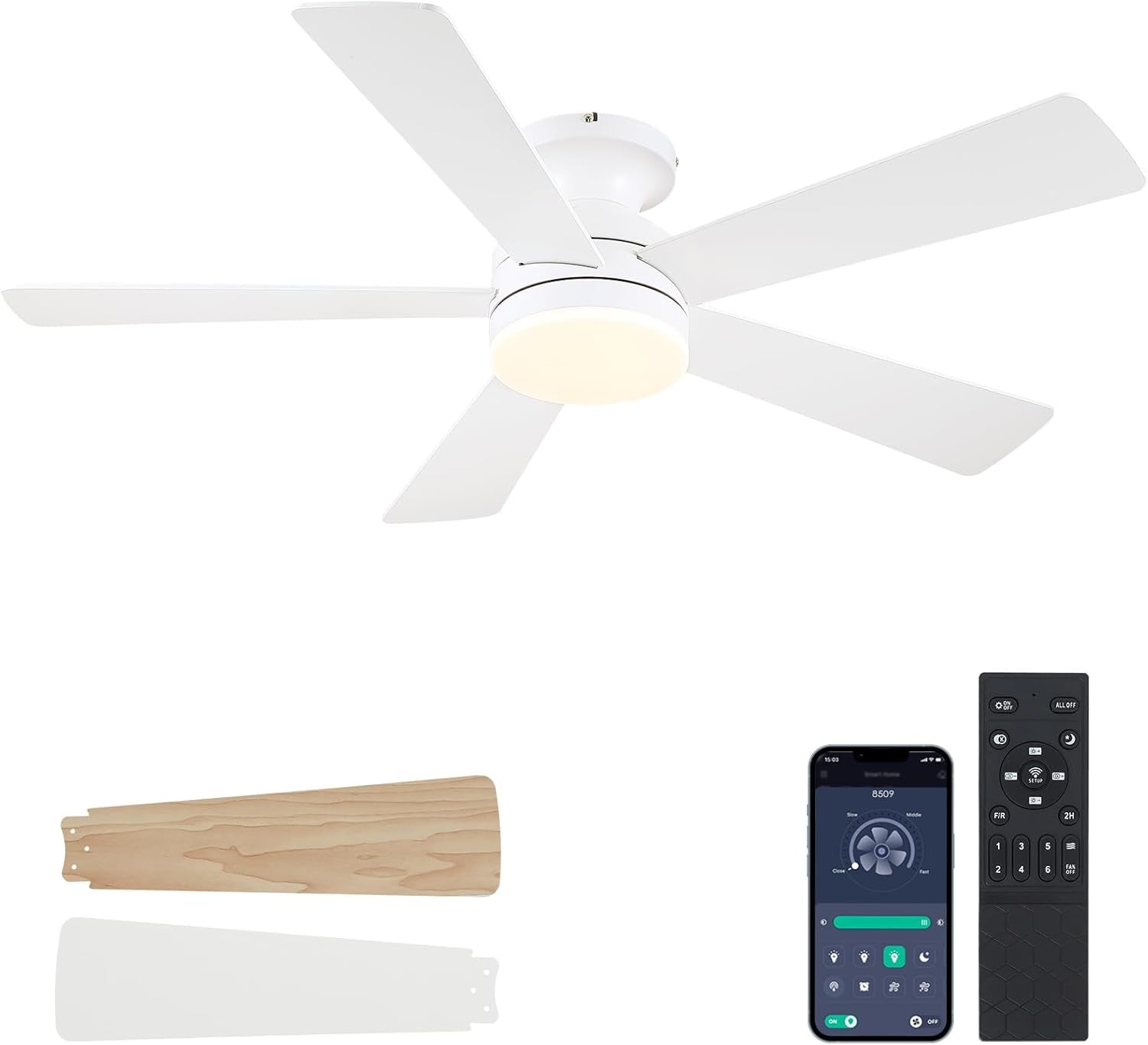 White 46 Inch Flush Mount Ceiling Fan With Lights Dimmable
