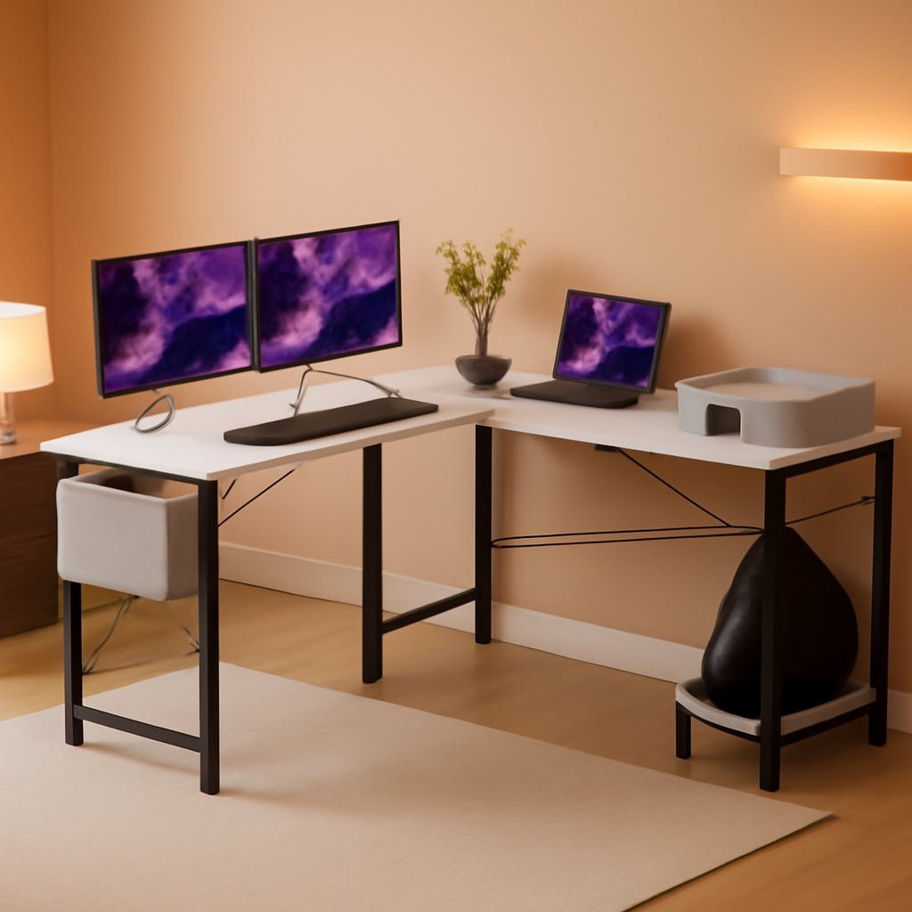 White 50 Inch L Shaped Gaming Desk for Home Office
