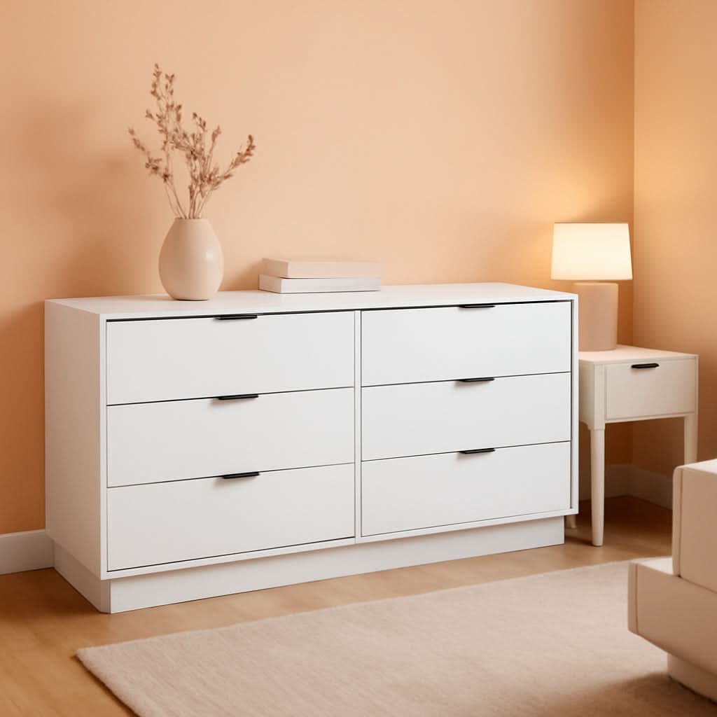 White 6 Drawer Dresser 52W Modern Bedroom Storage Solutions