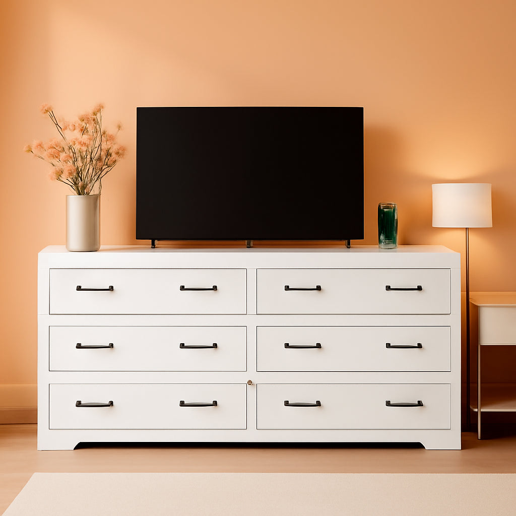 White 65 Inch TV Stand With Built In Outlets And 6 Drawers