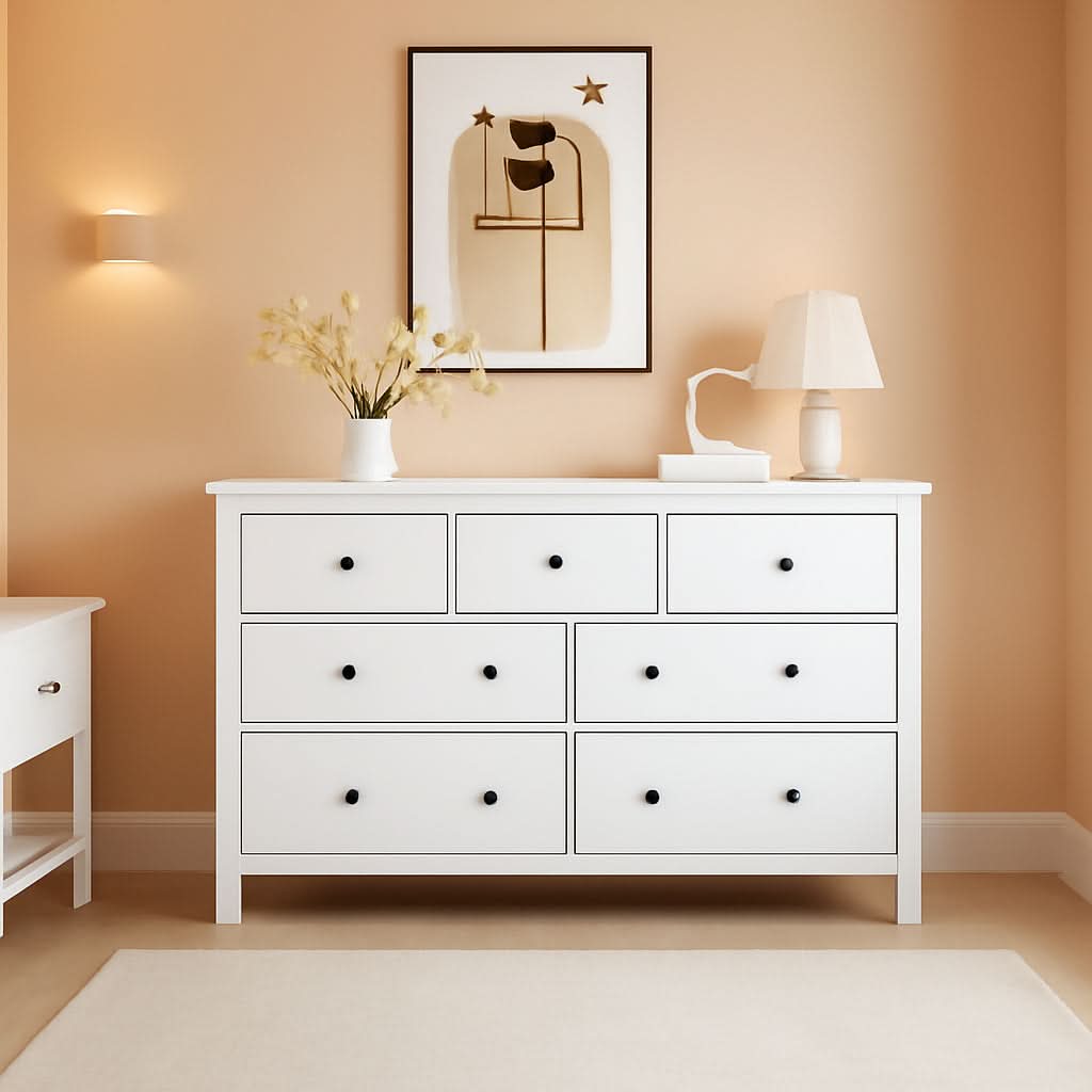 White 7 Drawer Modern Dresser With Solid Wood Legs