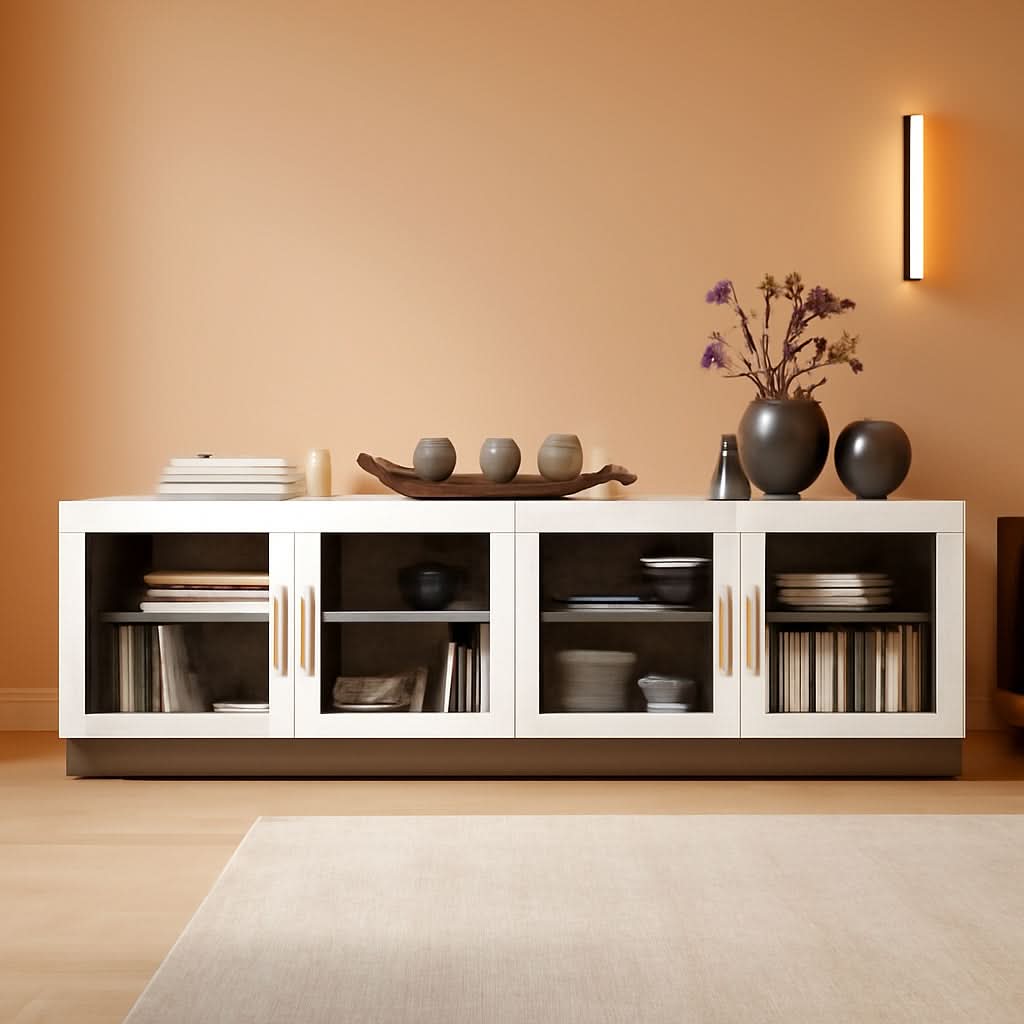 White 70 Inch TV Entertainment Center With Glass Cabinets