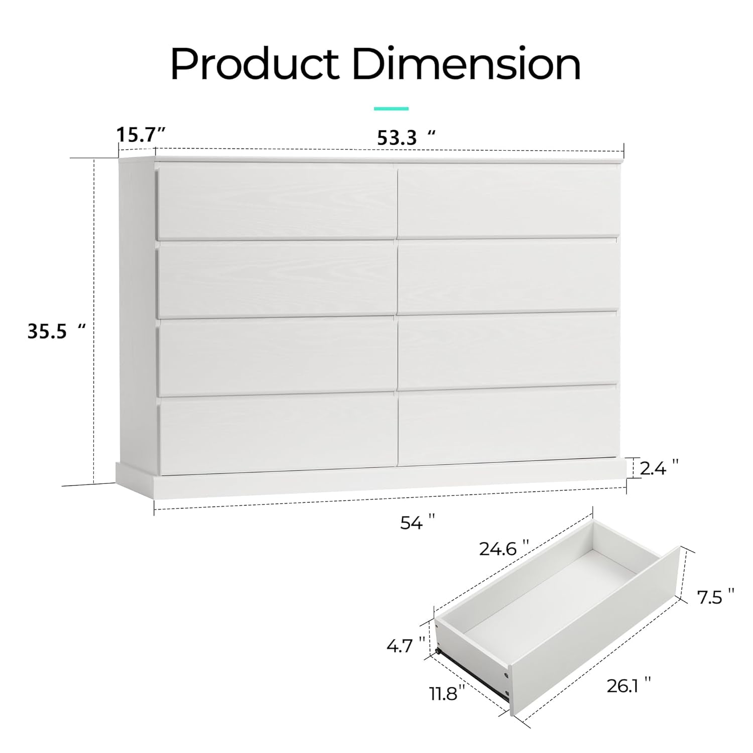 White 8 Drawer Dresser 54 Inch Modern Farmhouse Storage